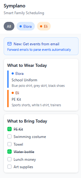 Symplano app showing AI-powered school event reminders